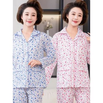 睡衣女春秋季長袖純棉中老年人媽媽睡衣夏薄款開衫大碼家居服套裝
