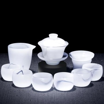 高茗白玉琉璃茶具套裝2025新款家用輕奢高檔水墨冰種高端玉瓷茶杯