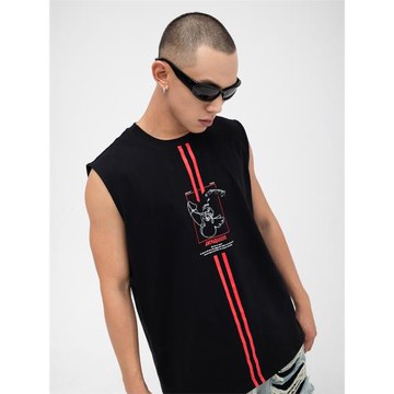 CLP黑色迪克皇后手繪印花背心T恤男原創寬松坎肩無袖運動夏季休閑