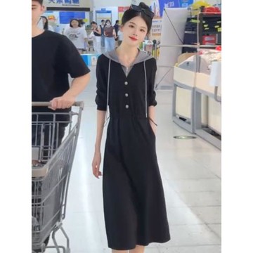 秋季新款女裝假兩件拼接連帽長袖連衣裙女休閑氣質收腰顯瘦中長裙