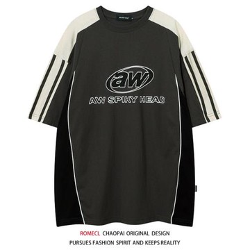 ROMECL美式酷拽賽車風休閑運動T恤男寬松拼色情侶街頭純棉短袖夏