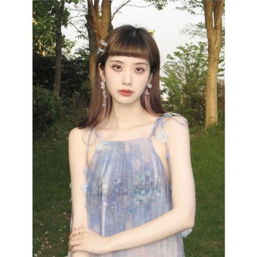 KINGWEN 24新款 度假顯瘦花朵綁帶壓褶紫色睡蓮印花長裙