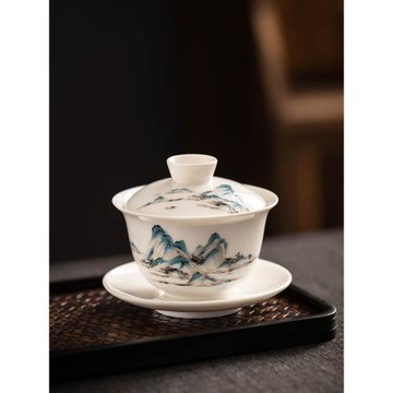 羊脂玉白瓷蓋碗陶瓷茶碗帶蓋單個三才碗功夫茶具家用辦公泡茶神器