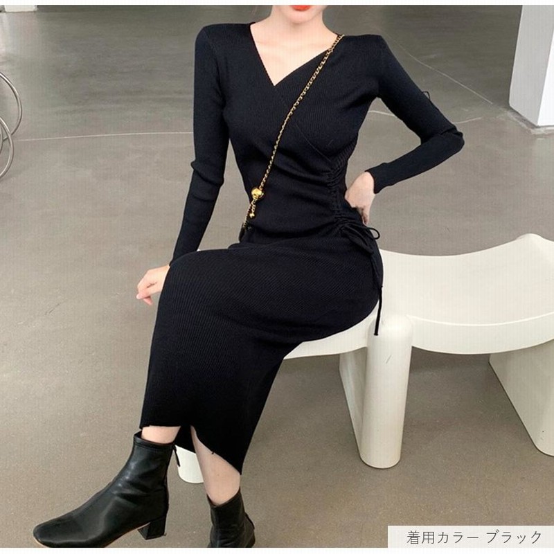 ニットワンピース ロング丈 リボンVネック ギャザー タイト