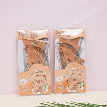 新款卡皮巴拉套尺學生學習文具尺子三角板量角器直尺4件套水豚尺【益三和】可開發票