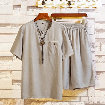 2022夏季新款中年男裝棉麻爸爸夏裝短袖中老年人爺爺亞麻休閑套裝