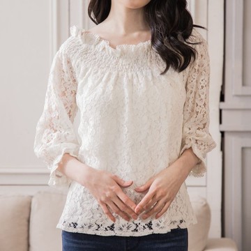 簍空繡花蕾絲兩穿上衣  白