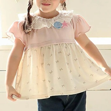 日本 ZOOLAND - 貝殼蕾絲領緹花短袖上衣-蝴蝶結印花-粉紅