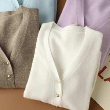 秋冬純色山羊絨針織開衫女V領寬松顯瘦簡約百搭長袖毛衣外套通勤