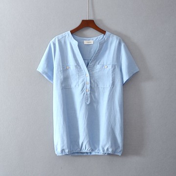 夏款女裝短袖寬松V領純色文藝牛仔T恤衫上衣服顯瘦