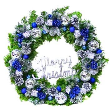 摩達客 豪華高級聖誕花圈  24吋  藍銀色  1組