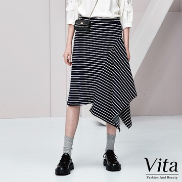 【Vita】鬆緊帶條紋拼接不對稱下擺飄逸長裙-藍