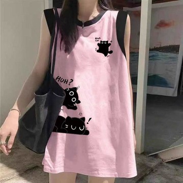 女裝 上衣 T恤 短袖 無袖背心 100%純棉無袖拼接綠色顯白顯瘦背心t恤女小個子寬鬆百搭上衣ins潮