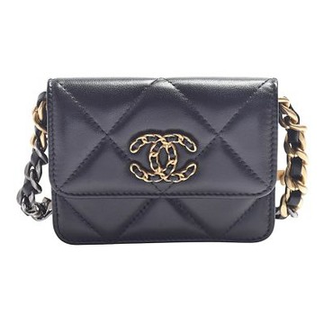CHANEL 經典19系列雙C LOGO菱格小羊皮三色鍊帶卡包/肩背包(黑色)
