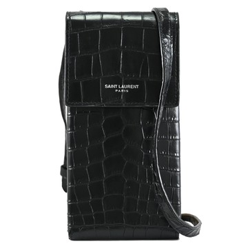 YSL 667713 經典燙銀LOGO鱷魚壓紋翻蓋斜背手機包.黑
