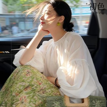 初色 簡約風純色圓領寬鬆舒適燈籠袖七分袖上衣女上衣-白色-51750(M-XL可選)