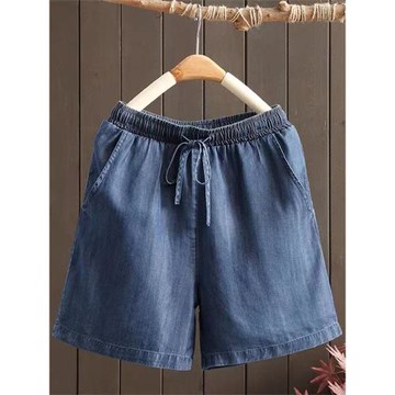 歐貨天絲牛仔短褲女夏季薄款2025新款松緊腰系帶寬松休閑闊腿中褲