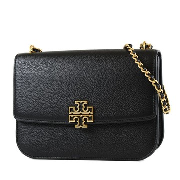 TORY BURCH BRITTEN 荔枝紋翻蓋編織鍊帶肩背斜背二用包-黑色