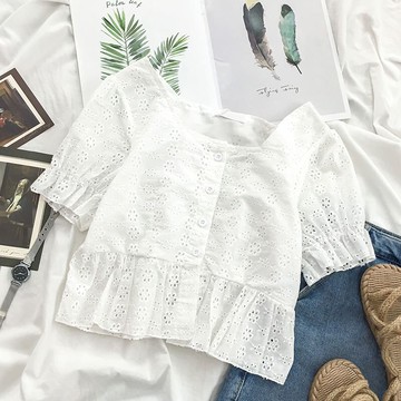新款泡泡短袖雪紡上衣女夏方領短款小衫法式復古港風白色襯衫