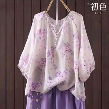 初色 復古風小碎花印花寬鬆顯瘦V領五分袖上衣女上衣-共2色-19233(M-2XL可選)