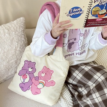 限量發售【遊戲家】 Care Bears 彩虹熊 愛心熊  大容量 雙面  帆布包 側背包  托特包 肩背包 - 紫粉