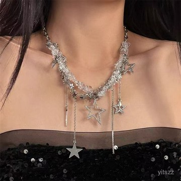【台灣有貨】透明碎石星星流蘇項鏈女2025年新款小衆辣妹y2k重工潮酷鎖骨鏈