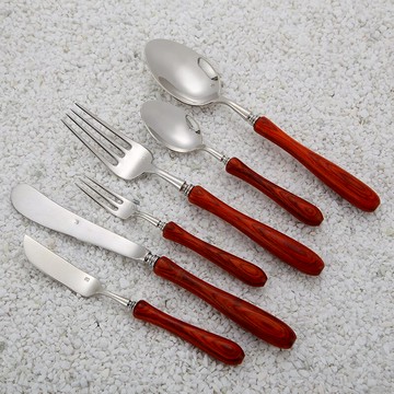 日式 花梨木柄西餐刀叉勺四件套 304不銹鋼牛排刀叉套裝 甜點餐具