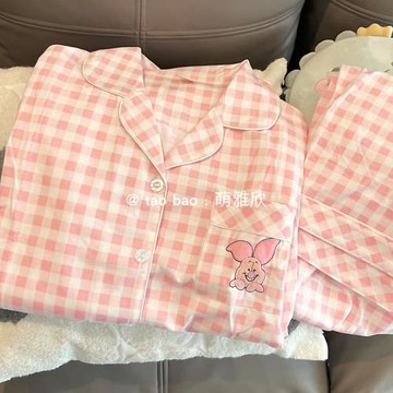 粉色格子睡衣女春秋季卡通小豬純棉長袖套裝ins風學生可愛家居服