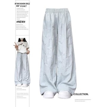 大碼蝴蝶結刺繡藍色休閑褲女夏季薄款松緊腰顯瘦直筒山本闊腿長褲