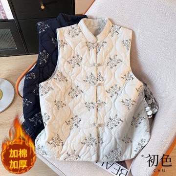 初色 文藝風刺繡半立領無袖保暖鋪棉背心休閒女外套-共2色-39850(M-2XL可選)