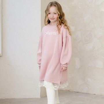 韓國 AndiApple - Merci亮片內刷毛蕾絲拼接連身洋裝-粉