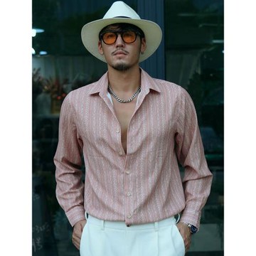 出差夏威夷原創粉色暗紋襯衫復古日系街頭男裝休閑長袖襯衫秋新款