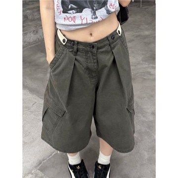 美式復古可調節腰圍工裝七分褲男女寬松百搭多口袋cleanfit短褲