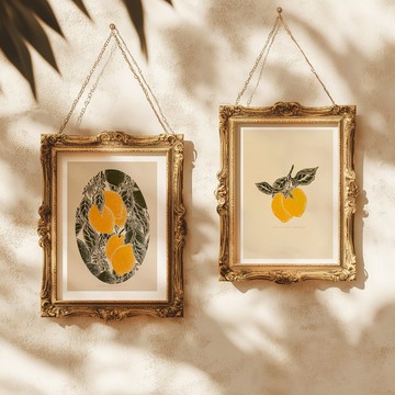 復古檸檬水果亞麻油氈版畫畫廊牆面 2 件套廚房藝術裝飾