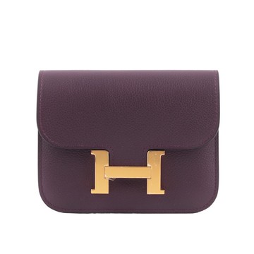 HERMES Constance Slim Evercolor 皮金釦短夾(黑醋栗皇家藍)