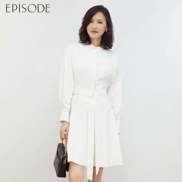 EPISODE - 簡約顯瘦綁帶紐扣長袖洋裝E30504（白）