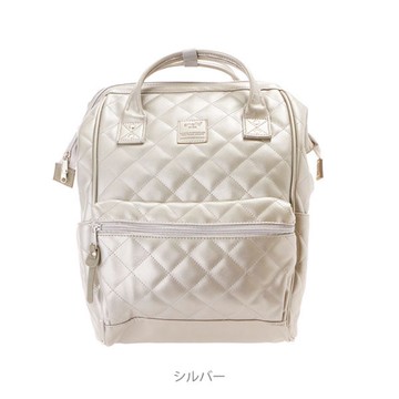日本 Anello - 格紋仿皮大開口後背包-SI銀色