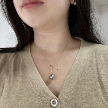 11-14mm 黑蝶真珠 銀灰 14KGF 垂墜項鍊・皮光佳・極簡收藏款