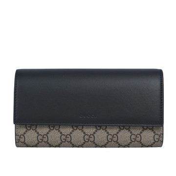 GUCCI GG Supreme 塗層帆布及皮革二折翻蓋長夾(米色/黑色)