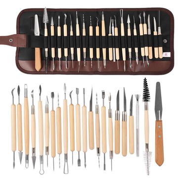 跨境熱賣木質蕾絲不銹鋼雕刻刀陶藝工具23件套七本花針泥塑工具-加LINI購買享優惠