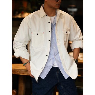 BGYO 日系復古工裝襯衫男寬松cityboy高密純棉白色硬漢夾克外套秋