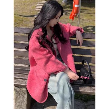 粉紅色西裝短款高級感雙面羊毛大衣女2026新款秋冬小個子毛呢外套