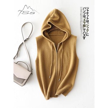 溫潤奶油棕~羊絨馬甲女100純山羊絨帶帽針織連帽拉鏈開衫帽衫坎肩