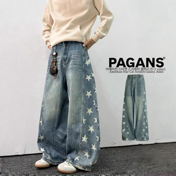 【PAGANS STORE】美式 復古 星星 銀河 瀑布 滿天星 貓抓 水洗 做舊 彎刀褲 牛仔褲 彎刀 牛仔 長褲