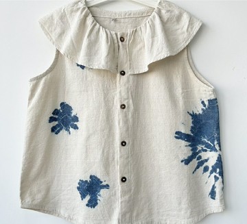 【棉麻手工藍染】 荷葉邊領子無袖上衣 2色