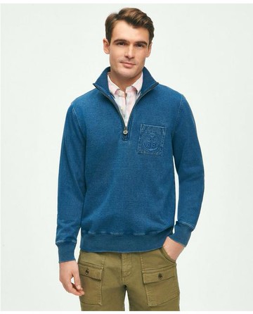 Brooks Brothers Men's Terry Half-Zip in Indigo-Washed Stretch Cotton | Blue | Size Large