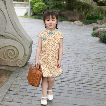 黃色雛菊 全棉女童旗袍夏季新款 禮服裙唐裝 中式禮物