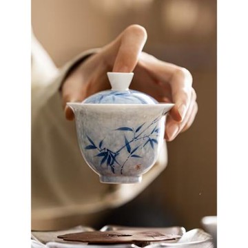 蓋碗茶杯陶瓷茶具白瓷大號家用日式簡約手工手繪防燙茶碗主泡碗