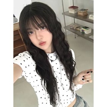 夏日小記 復古波點印花圓領短袖T恤 純欲風辣妹顯瘦百搭短款上衣