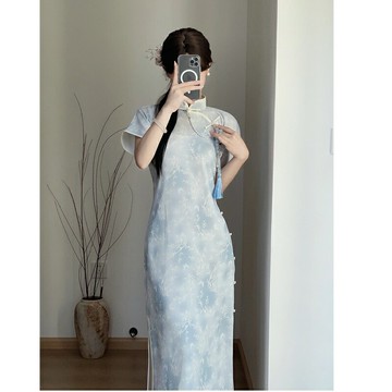 【巴黎精品】現貨+預購 女新中式旗袍連身裙改良旗袍A字裙長裙大碼洋裝休閒大尺碼女裝-竹葉印花收腰a1gc39